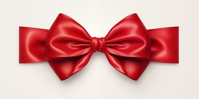 AI generated A red bow of satin tied along an edge on a white background. Valentines Day celebration. Xmas. A present. Generated by artificial intelligence. photo