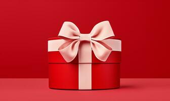 AI generated A red gift box with a white bow on a red background. Valentines Day celebration. Christmas. Generated by artificial intelligence. photo