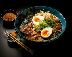 AI generated Japanese ramen with eggs and vegetables in a bowl photo