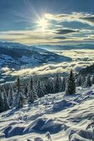 AI generated a breathtaking view of snow-covered mountains, illuminated by the sun rays piercing through the clouds, showcasing nature majesty. photo