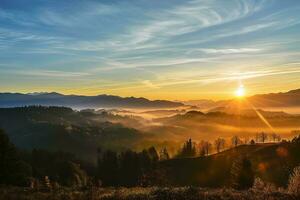 ai generado un asombroso amanecer ilumina el brumoso valles, destacando el lozano verde bosques y sereno montañas foto