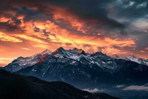 AI generated a stunning scene of snow-capped mountains under a fiery sky during sunset. The mountain peaks are highlighted by the warm hues photo