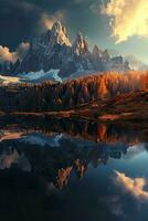 AI generated A breathtaking view of rugged peaks, mirrored in a tranquil lake, surrounded by the warm hues of autumn foliage under the soft glow of a setting sun. photo