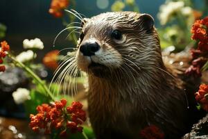 AI generated Close-up of a wet otter surrounded by vibrant red and white flowers, showcasing the peaceful coexistence of wildlife and flora in a natural habitat. photo