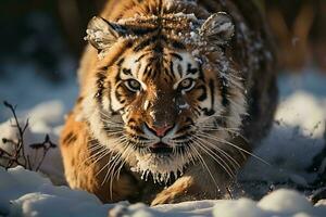ai generado un majestuoso Tigre con sorprendentes rayas caminando mediante un invernal paisaje, encarnando el salvaje salvaje belleza. el Tigre intenso mirada y poderoso postura foto