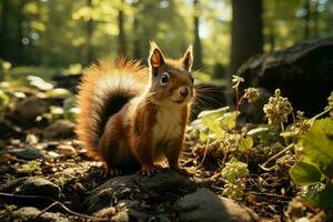 AI generated a curious squirrel amidst a serene forest, with sunbeams illuminating its majestic fur, showcasing the tranquil beauty of wildlife in natural habitat. photo