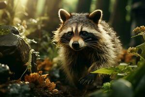 AI generated a raccoon amidst a vibrant forest, with sunbeams illuminating the lush greenery and detailed fur texture. The raccoon fur is detailed and appears soft photo