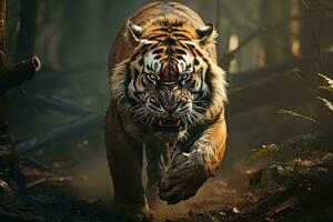 AI generated a majestic tiger walking in a misty forest, showcasing its powerful build and intense, captivating gaze. The tiger muscles are visibly defined photo
