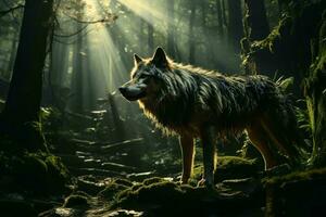 AI generated a majestic photograph of a wolf standing on moss-covered rocks amidst a dense forest. The wolf thick fur is highlighted by the sunlight photo