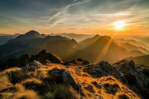 ai generado un asombroso amanecer terminado escabroso montañas, fundición un dorado resplandor en el rocoso terreno y destacando el sereno belleza de naturaleza. foto