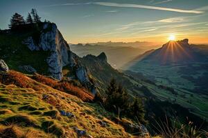 ai generado un asombroso amanecer yesos dorado rayos terminado un sereno montaña paisaje, destacando el rocoso terreno y lozano verde valles abajo. foto