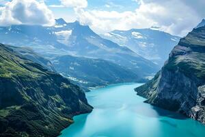 AI generated Breathtaking view of a serene turquoise lake nestled amidst majestic snow-capped peaks and verdant slopes. photo