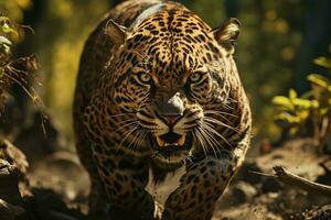 ai generado un majestuoso leopardo merodeando en un lozano bosque. luz de sol filtros mediante el hojas, esclarecedor sus manchado pelo. foto