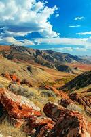 AI generated a stunning natural landscape characterized by its vivid colors and dynamic terrain. In the foreground, there are large, rugged rocks with reddish-brown hues. photo