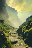 AI generated a serene pathway amidst mountains, enveloped in mist with the golden sunrise illuminating the lush green landscape photo