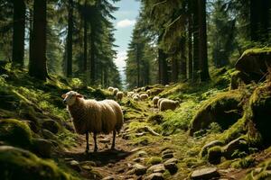 AI generated a flock of sheep wandering amidst a serene forest, with sunlight filtering through the tall pines illuminating the green mossy ground. photo