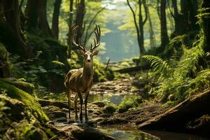 AI generated A stunning deer amidst a lush forest. Sunlight filters through the leaves, illuminating the peaceful stream and vibrant greenery surrounding. photo