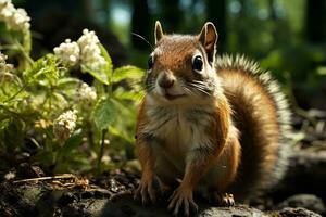 AI generated A detailed photograph of a squirrel in its natural habitat, surrounded by lush greenery and bathed in sunlight. The squirrel intricate fur details photo