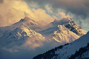 AI generated A breathtaking view of a snow-covered mountain peak, surrounded by misty clouds and illuminated by the warm glow of the setting sun. photo