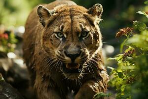 AI generated a majestic puma prowling amidst lush green foliage. The animal intense gaze is captured in the image, highlighting its wild beauty. photo