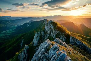 AI generated A breathtaking view of a mountain range during sunset. Rocky peaks with detailed textures are prominently featured in the foreground. photo