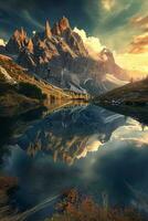 AI generated a majestic mountain with snowy peaks, surrounded by a lush green forest under a serene blue sky with fluffy white clouds. photo