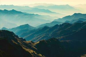 ai generado amanecer ilumina brumoso montañas, revelador sereno valles y escabroso picos en esta asombroso paisaje. foto