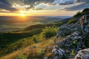 AI generated Golden sunset illuminating a vast landscape, rocky foreground adorned with vibrant greenery, serene beauty. photo