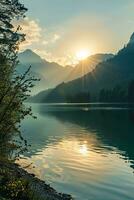 ai generado un sereno y pintoresco paisaje durante puesta de sol. un calma lago con reflexiones de el rodeando naturaleza y el dorado Dom. majestuoso montañas en el antecedentes son parcialmente silueta foto