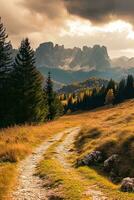 ai generado un sereno sendero mediante un dorado otoñal bosque ese Guías a majestuoso rocoso montañas debajo un dramático cielo. el camino es rodeado por alto pinos y dorado césped foto