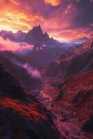 AI generated A breathtaking sunset over jagged peaks, illuminating misty valleys with a warm glow amidst rocky terrains. photo