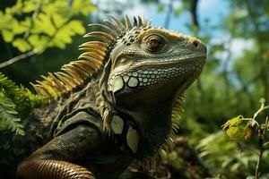AI generated A stunning image of an iguana amidst lush greenery, its scales intricately patterned and detailed, basking in the warm glow of sunlight. photo