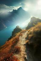 AI generated a breathtaking scene of a tranquil mountain path leading towards a serene lake, surrounded by majestic peaks with sunbeams piercing through the clouds. photo