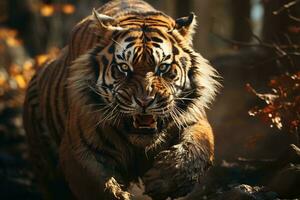 ai generado un majestuoso Tigre en un otoño bosque, mostrando poder y belleza en medio de caído hojas y sereno naturaleza. el Tigre intenso mirada foto