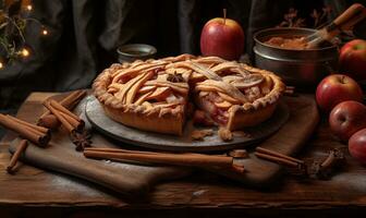 AI generated Apple pie with cinnamon sticks on a wooden tray photo