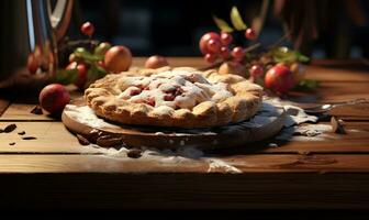 AI generated A wooden board with a pie with apples photo