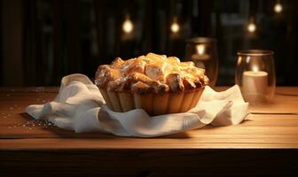 AI generated The pie stands on a table on a wooden tray photo