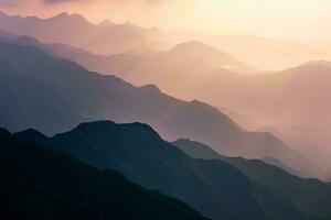 ai generado un asombroso ver de en capas montañas velado en neblina, iluminado por el suave, calentar matices de un ajuste Dom. foto