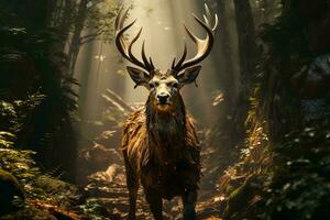 AI generated a majestic deer standing in a serene forest with sunbeams piercing through the trees, creating an ethereal atmosphere. photo