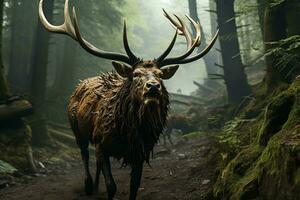 AI generated a majestic photograph of an moose with large, sprawling antlers in the middle of a misty forest. The moose fur appears wet or damp and is dark brown in color. photo