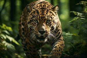 AI generated A majestic jaguar prowls through a lush forest, its intense gaze capturing the essence of wild beauty amidst nature. photo