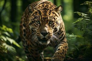 AI generated A majestic jaguar prowls through a lush forest, its intense gaze capturing the essence of wild beauty amidst nature. photo