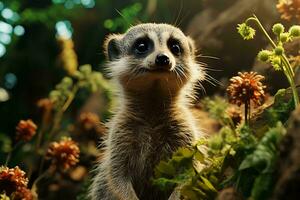 AI generated a meerkat in a natural setting, surrounded by lush greenery and bathed in sunlight. The meerkat is gazing upwards with a curious expression. photo