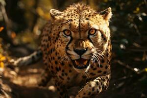 ai generado un cautivador leopardo con perforación ojos en medio de un iluminado por el sol bosque, sus manchado piel destacado por el dorado rayos foto