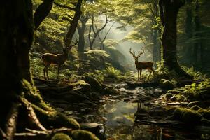 AI generated Enchanting woodland scene featuring two majestic deers by a tranquil stream, surrounded by lush greenery illuminated by ethereal sunlight. photo