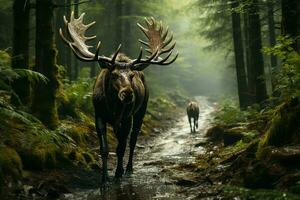 AI generated a majestic moose with grand antlers standing in the middle of a misty forest path. The forest is dense with tall trees whose trunks are visible photo