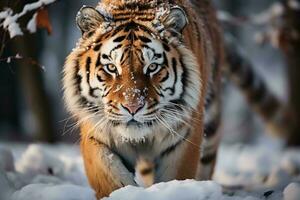 ai generado un poderoso Tigre con sorprendentes rayas se mueve graciosamente mediante un Nevado bosque, sus piel espolvoreado con Fresco copos de nieve. foto