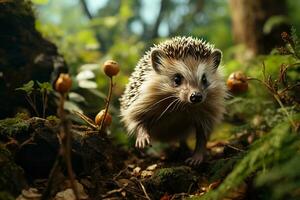 AI generated A curious hedgehog explores a lush forest, surrounded by mushrooms and rich green foliage. photo