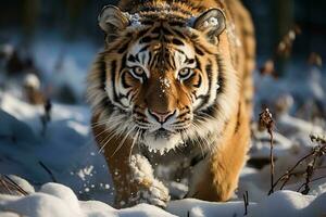 AI generated This is a majestic tiger walking through a snowy landscape, embodying the wild untamed beauty. The tiger striking stripes and muscular build photo