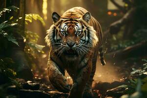 AI generated Majestic tiger prowling in dense jungle. Sunlight filters through leaves, highlighting the animal's intense gaze and powerful physique. photo